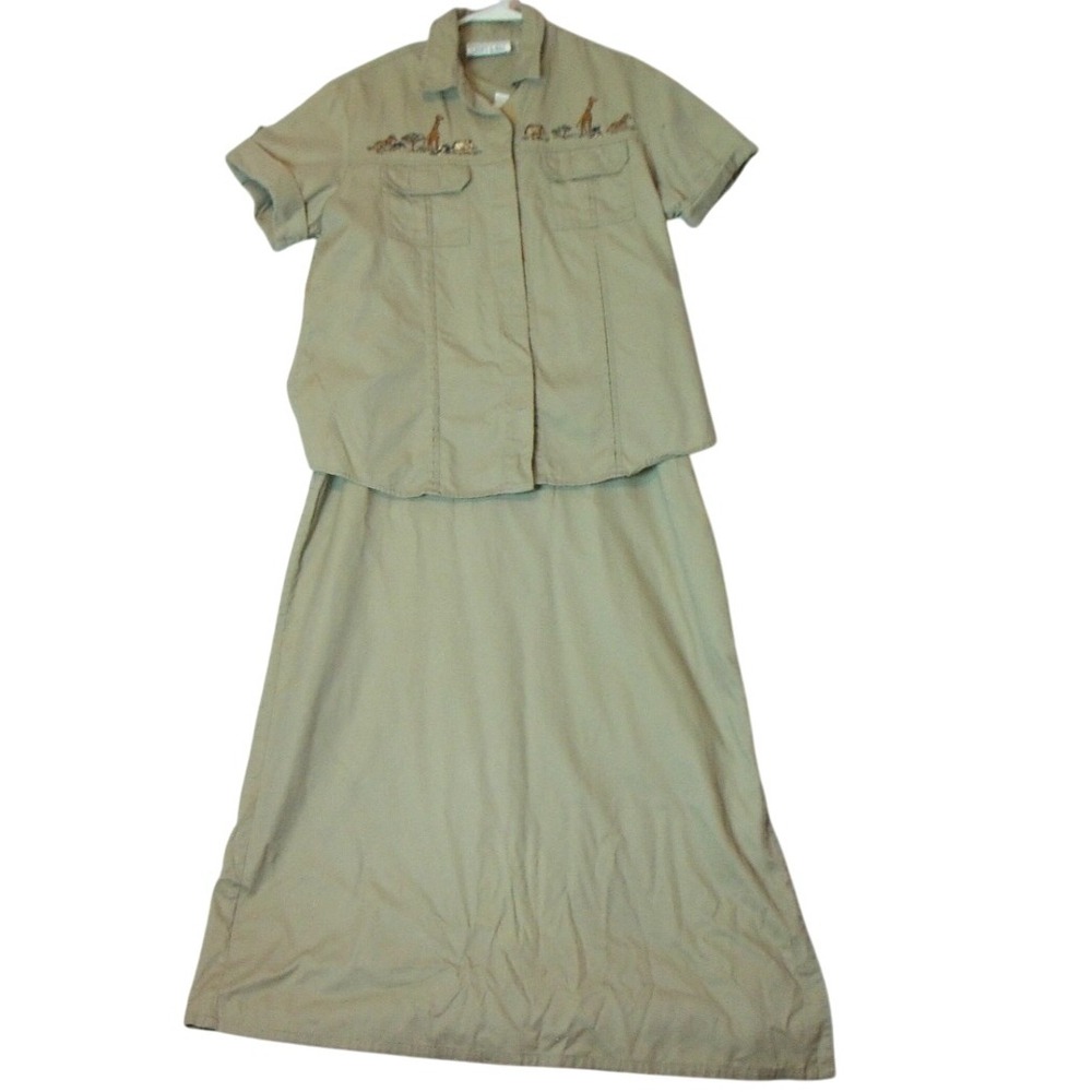 Casey & Max Womens‎ Khaki Cotton Safari Dress & Shirt Set Embroidered Animals L